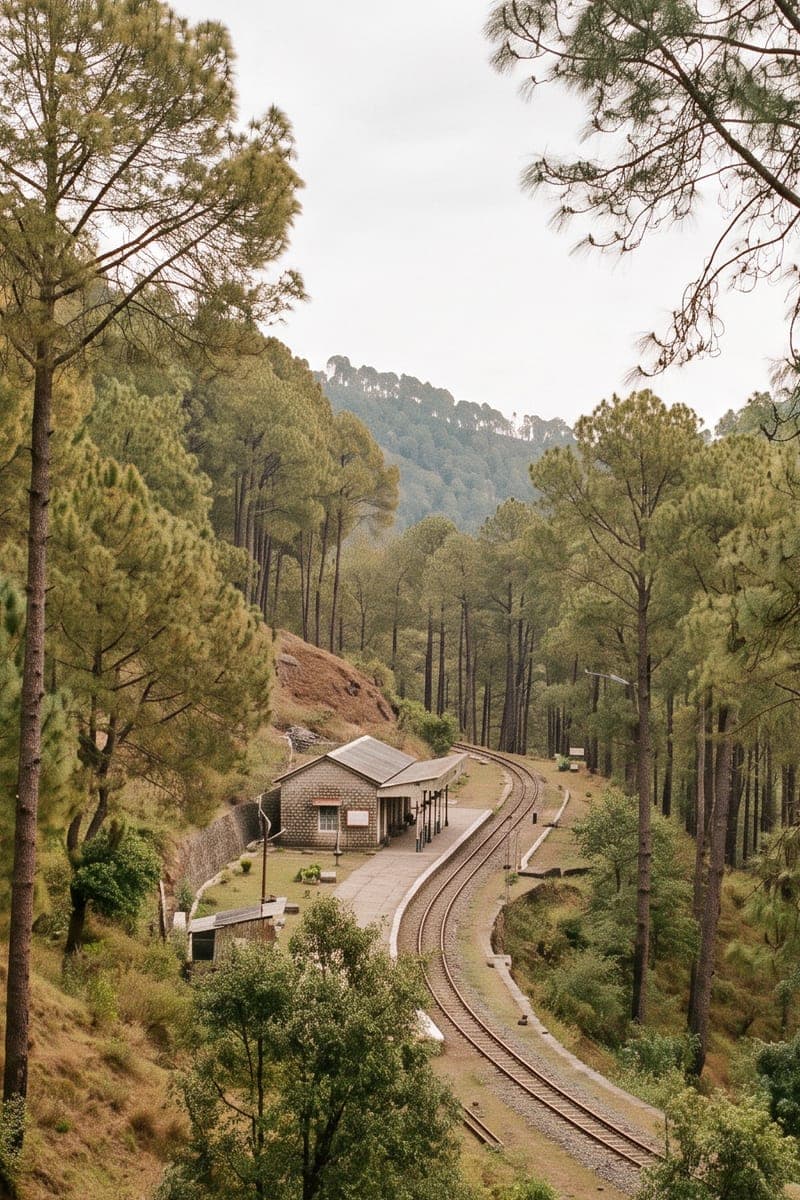 The narrow-gauge station at Dharampur, its track curving away through open chir pine
