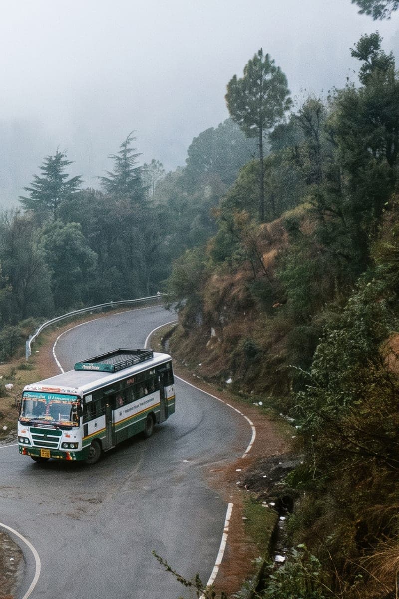 A bus rounding the hairpin at Garkhal in mist, pine giving way to deodar on the slope above