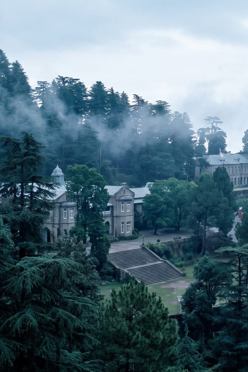 The colonial stone buildings of the Lawrence School at Sanawar, under dense deodar with cloud rising through it