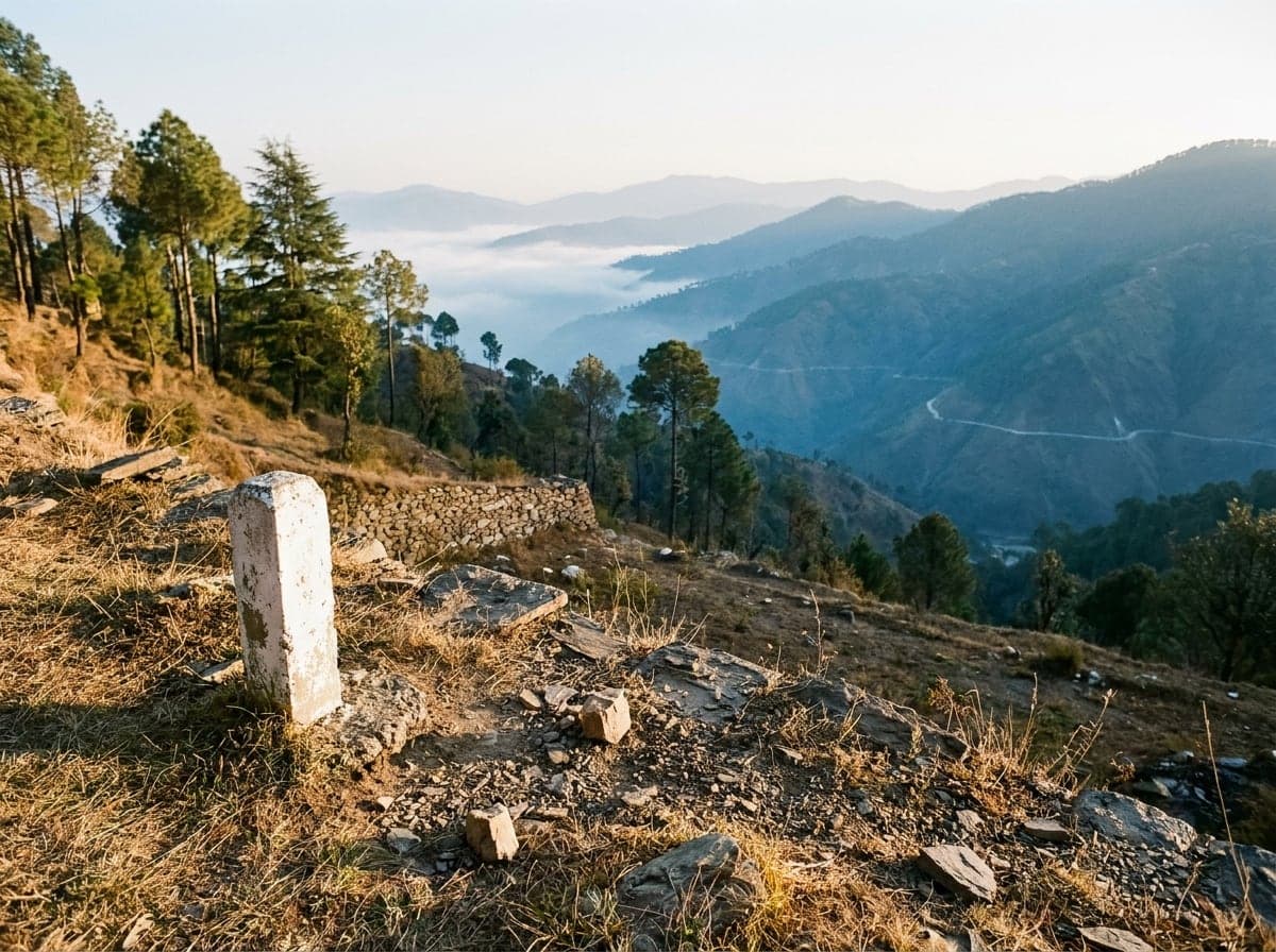 An un-built hillside parcel above Kasauli at first light, a white boundary pillar set in dry grass and shale, a dry-stone retaining wall below, and ridges receding into valley cloud