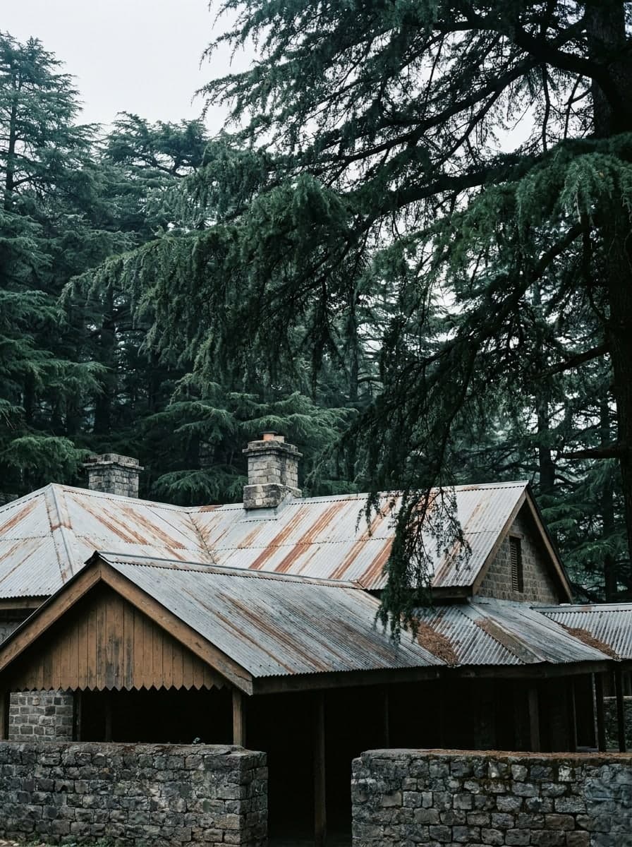 Corrugated roofs and stone chimneys of cantonment bungalows, deodar closing over them