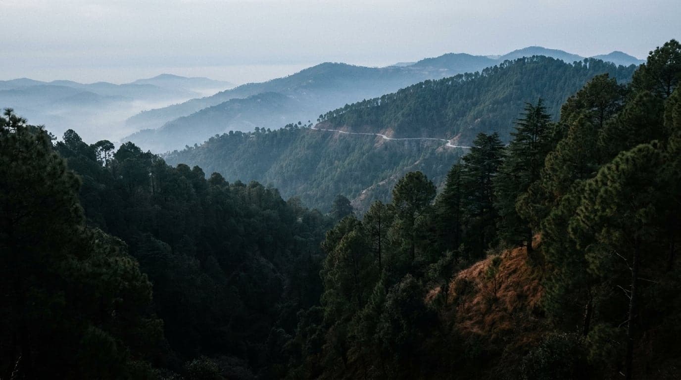 Wooded ridges above Kasauli falling away in layers of haze, a road traced along one flank