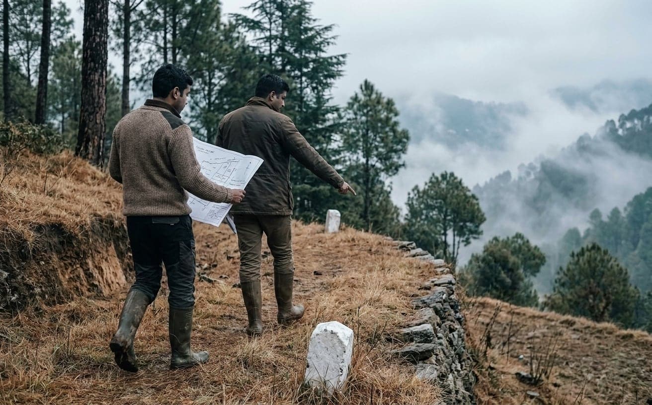 Two people walking a hillside parcel with a plan sheet, a boundary stone and a dry-stone wall beside them, cloud filling the valley behind
