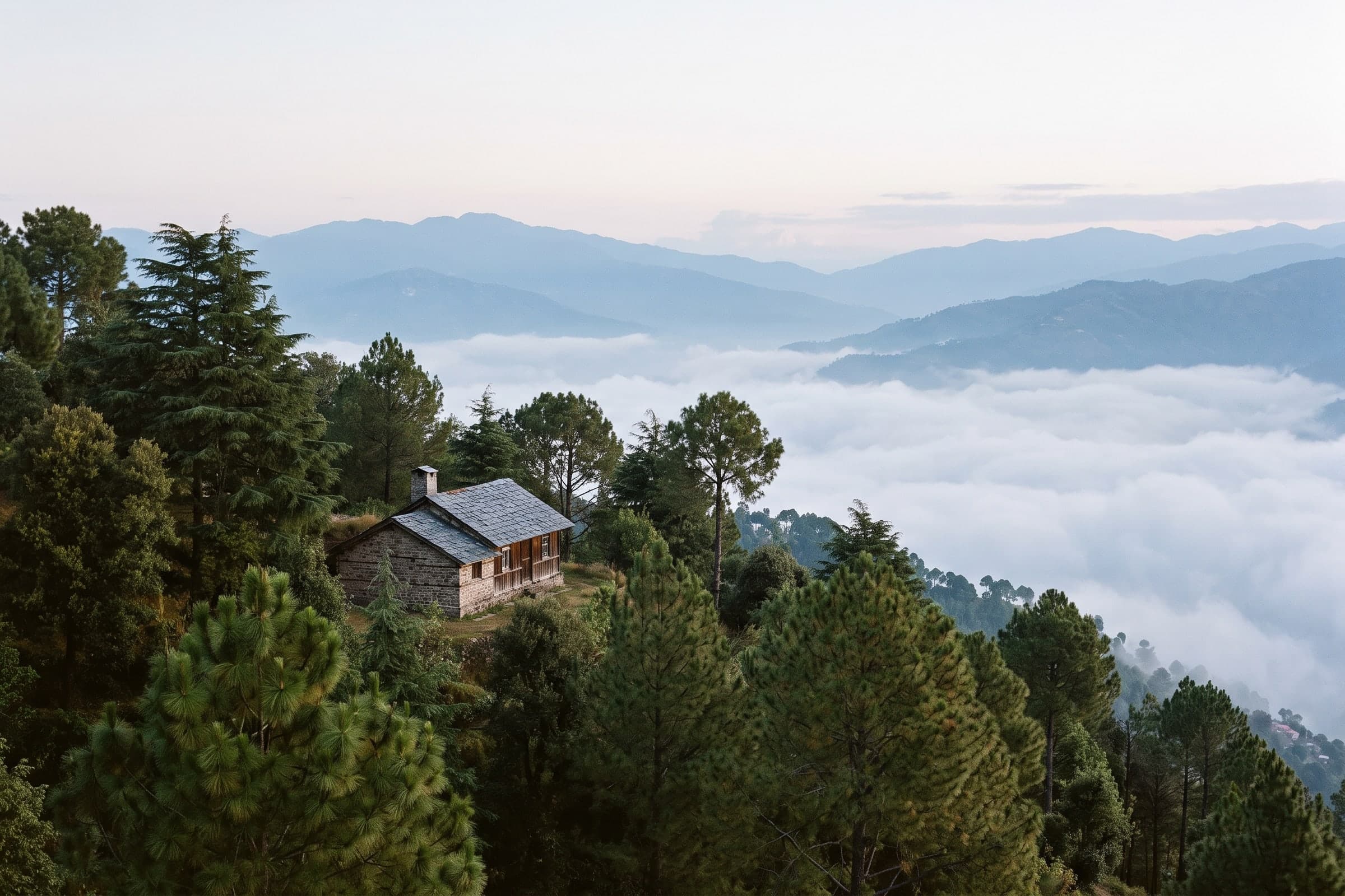 A stone house with a slate roof and timber balcony standing alone on a wooded ridge above Kasauli at first light, deodar and chir pine around it and a valley of cloud below