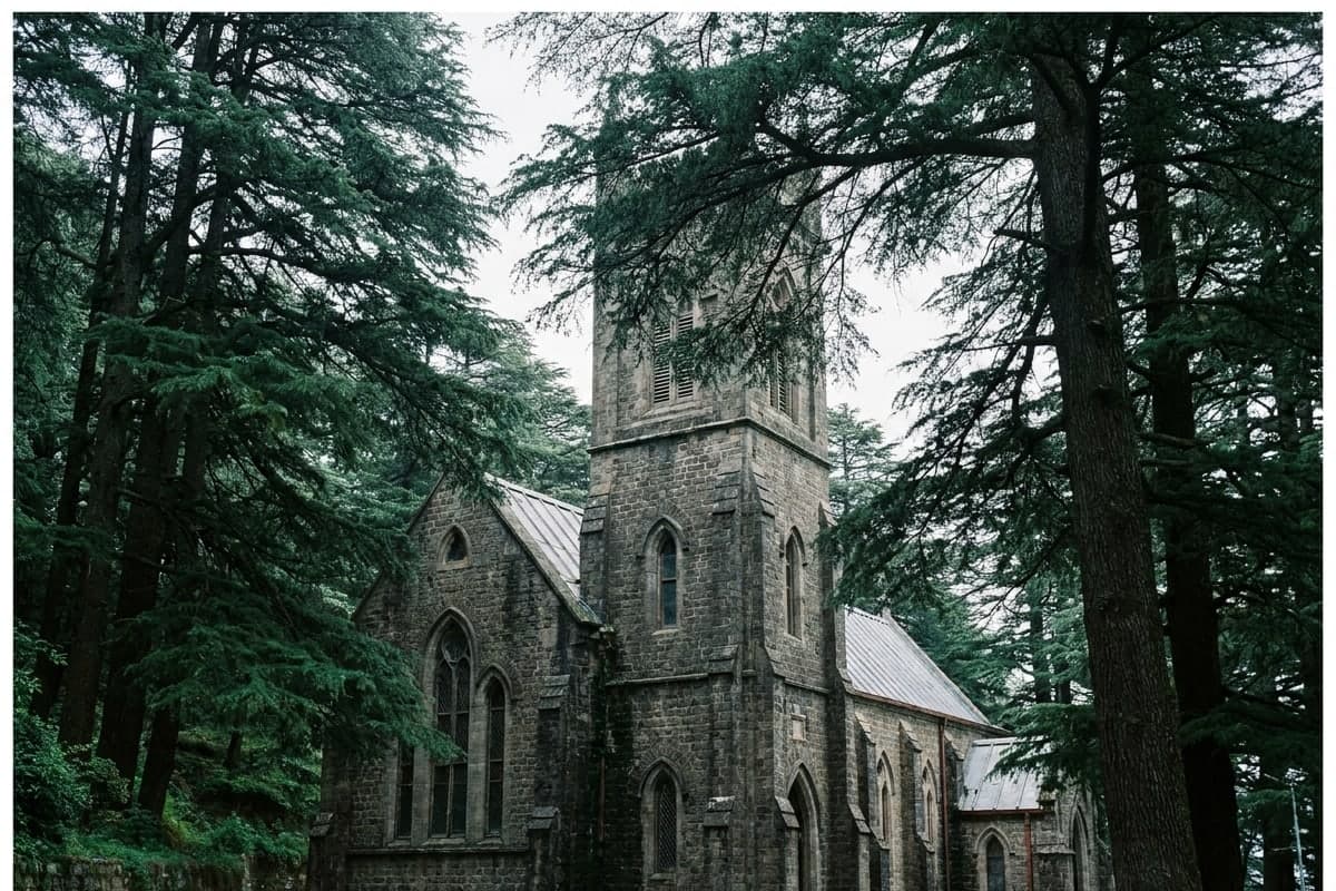 A stone church among deodars, its square louvred tower rising over metal pitched roofs and pointed windows