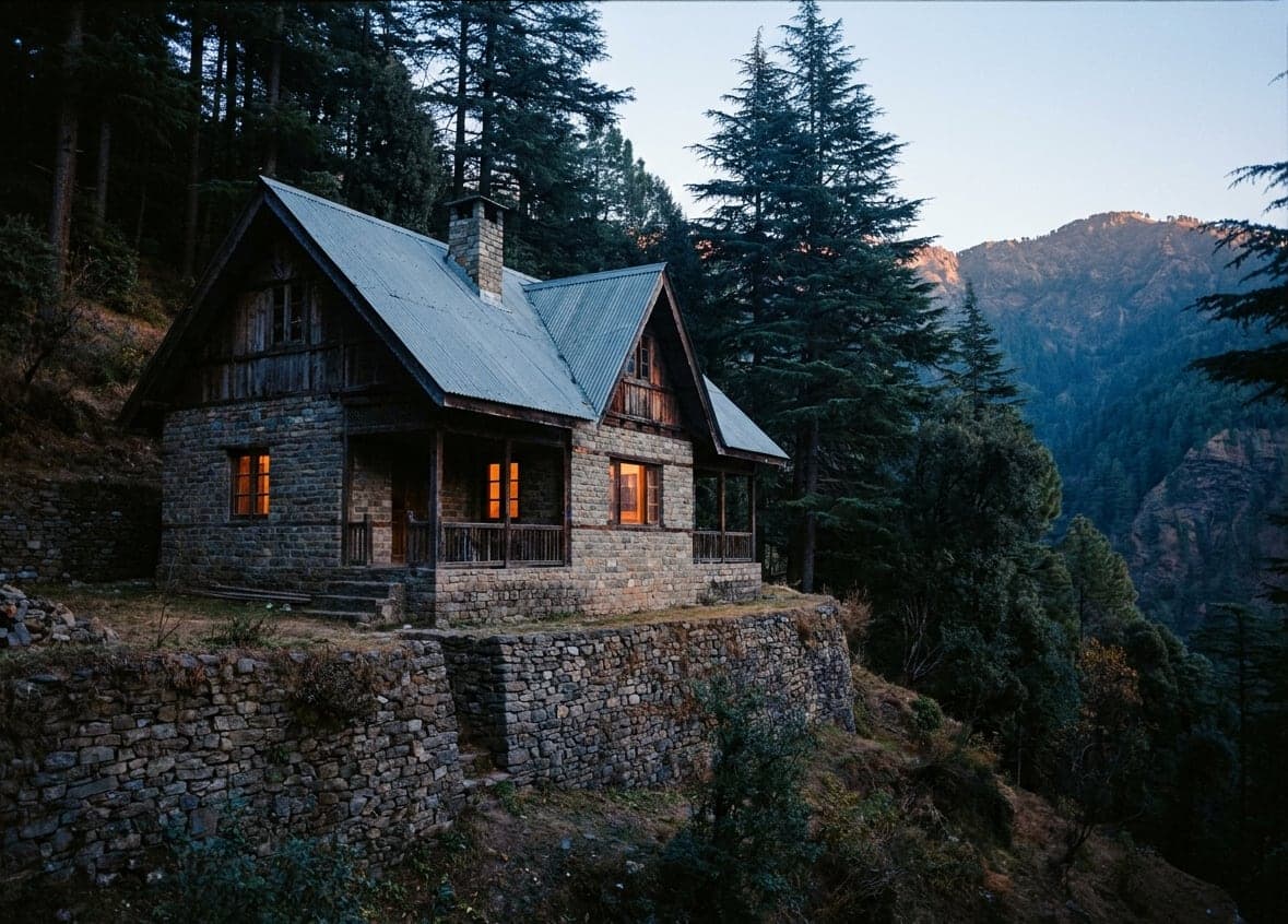 A stone and timber house on a walled bench above a Kasauli valley at dusk, windows lit warm, deodar close behind and the far ridge catching the last light