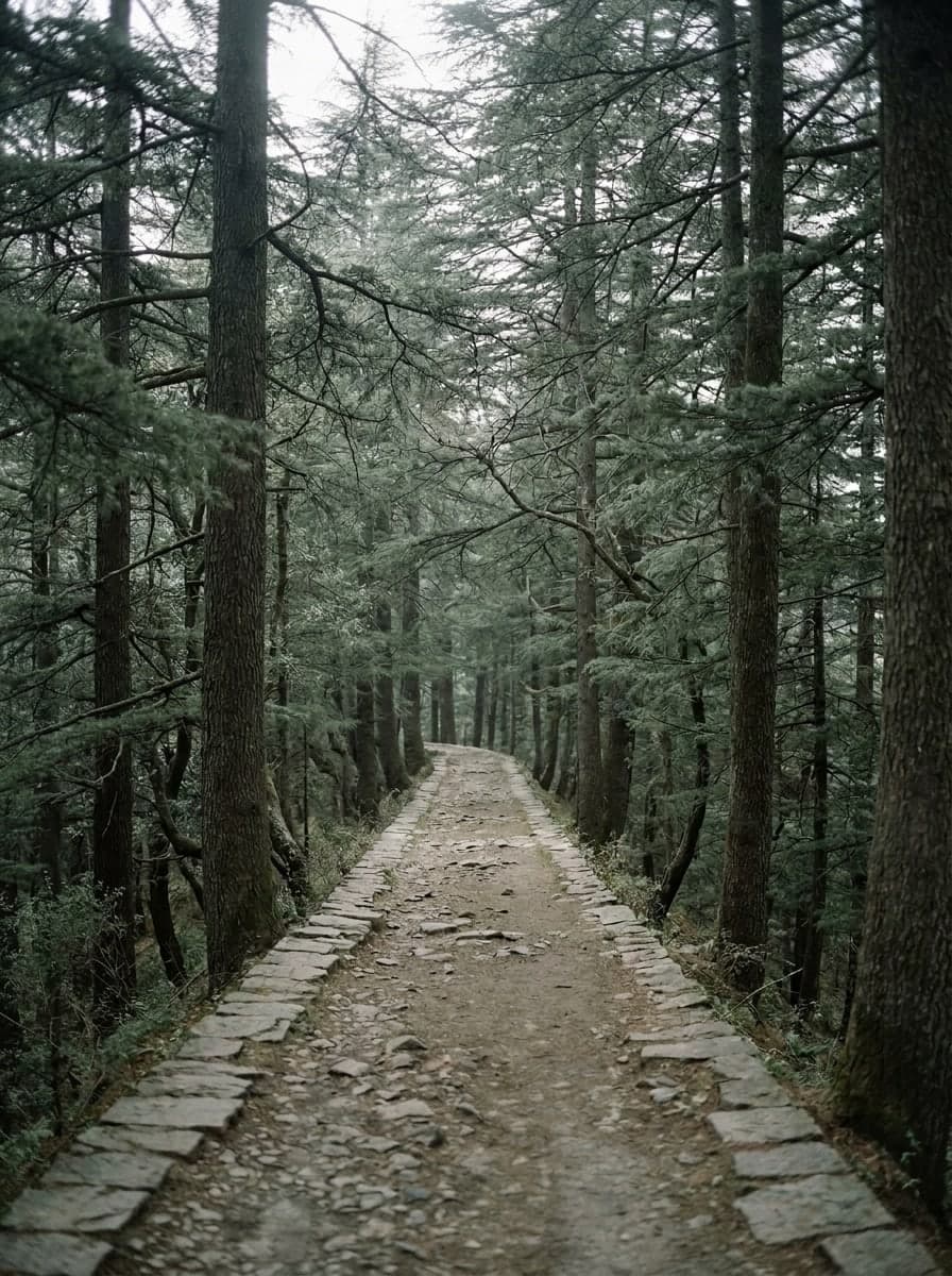 A stone-edged path running level through deodar, the way the Gilbert Trail does