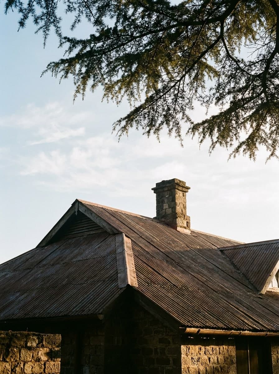 The corrugated roof and stone chimney of a ridge bungalow, deodar branches overhead