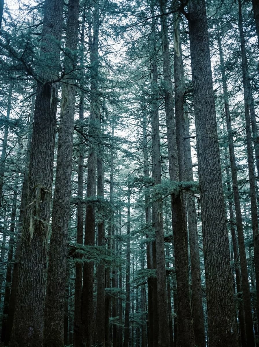 Deodar trunks rising close together on the Kasauli ridge, the canopy closed overhead