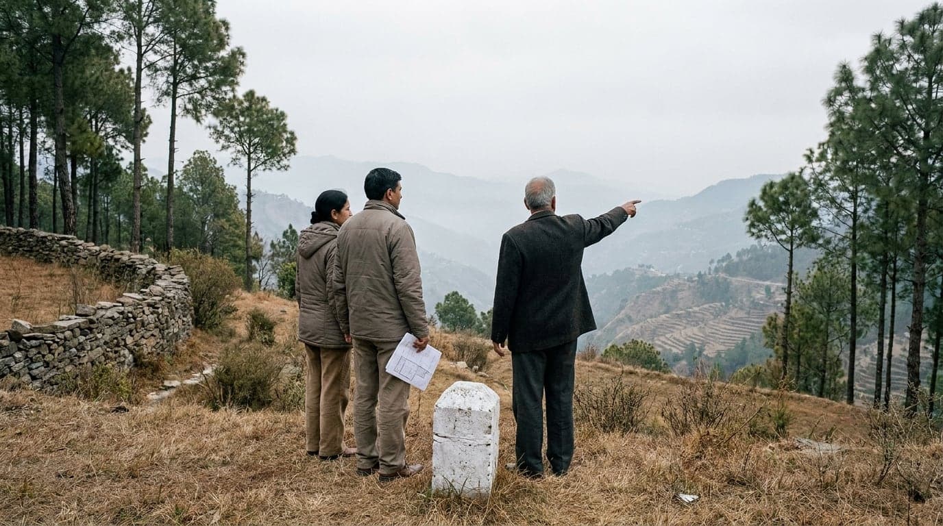 Three people standing at the edge of a hillside parcel in flat winter light, seen from behind — one pointing across the valley, another holding a folded plan sheet, a white boundary pillar in the grass between them